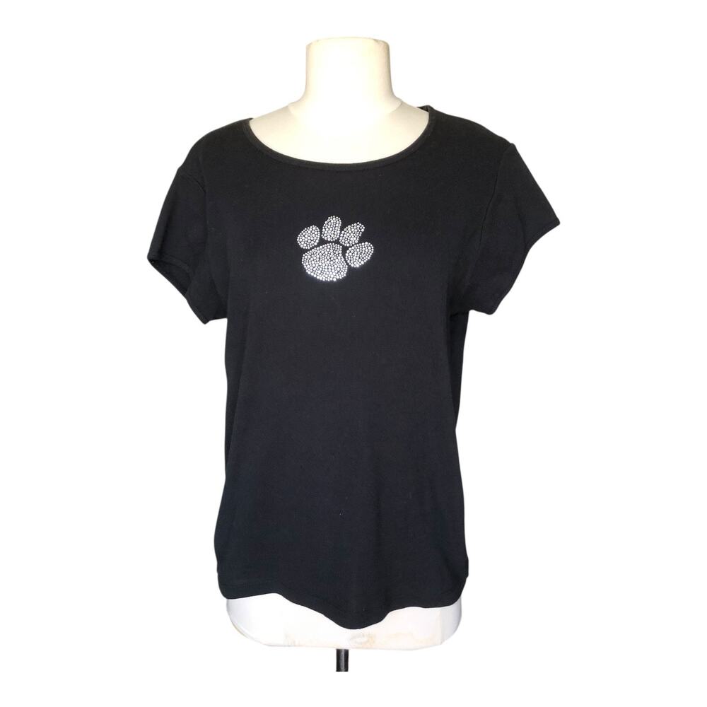 Bella Shirt Dog Paw Sequin Round Neck Short Sleeve Black Women's Size XL